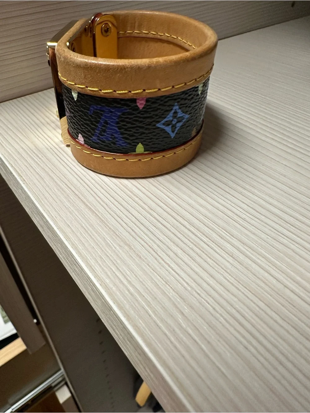 Louis Vuitton Tan and Brown Leather Cuff Bracelet with Gold Lockplate